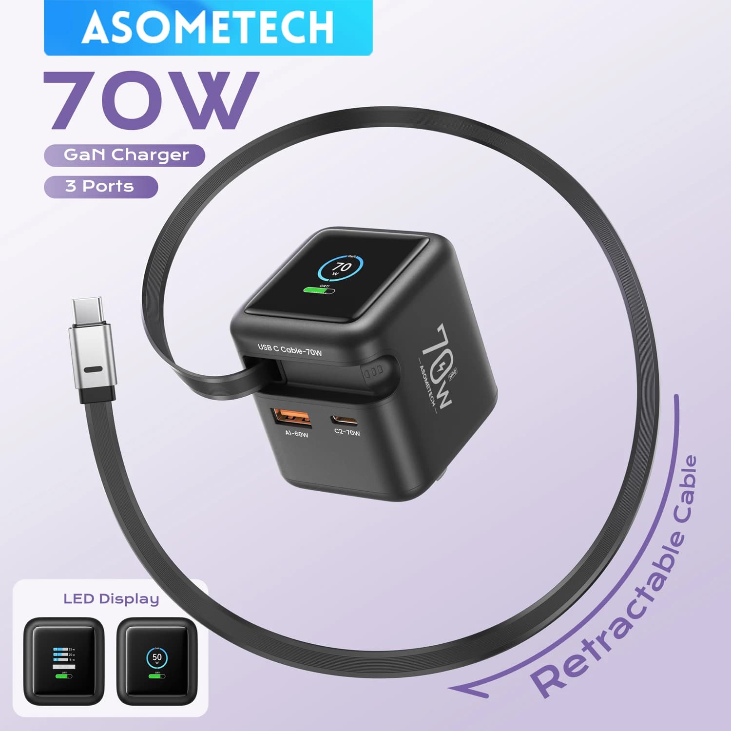 Caricabatterie GaN ASOMETECH da 70 W con cavo retrattile di tipo C Caricatore da viaggio PD QC PPS da 45 W per iPhone 16 Laptop MacBook Tablet Samsung