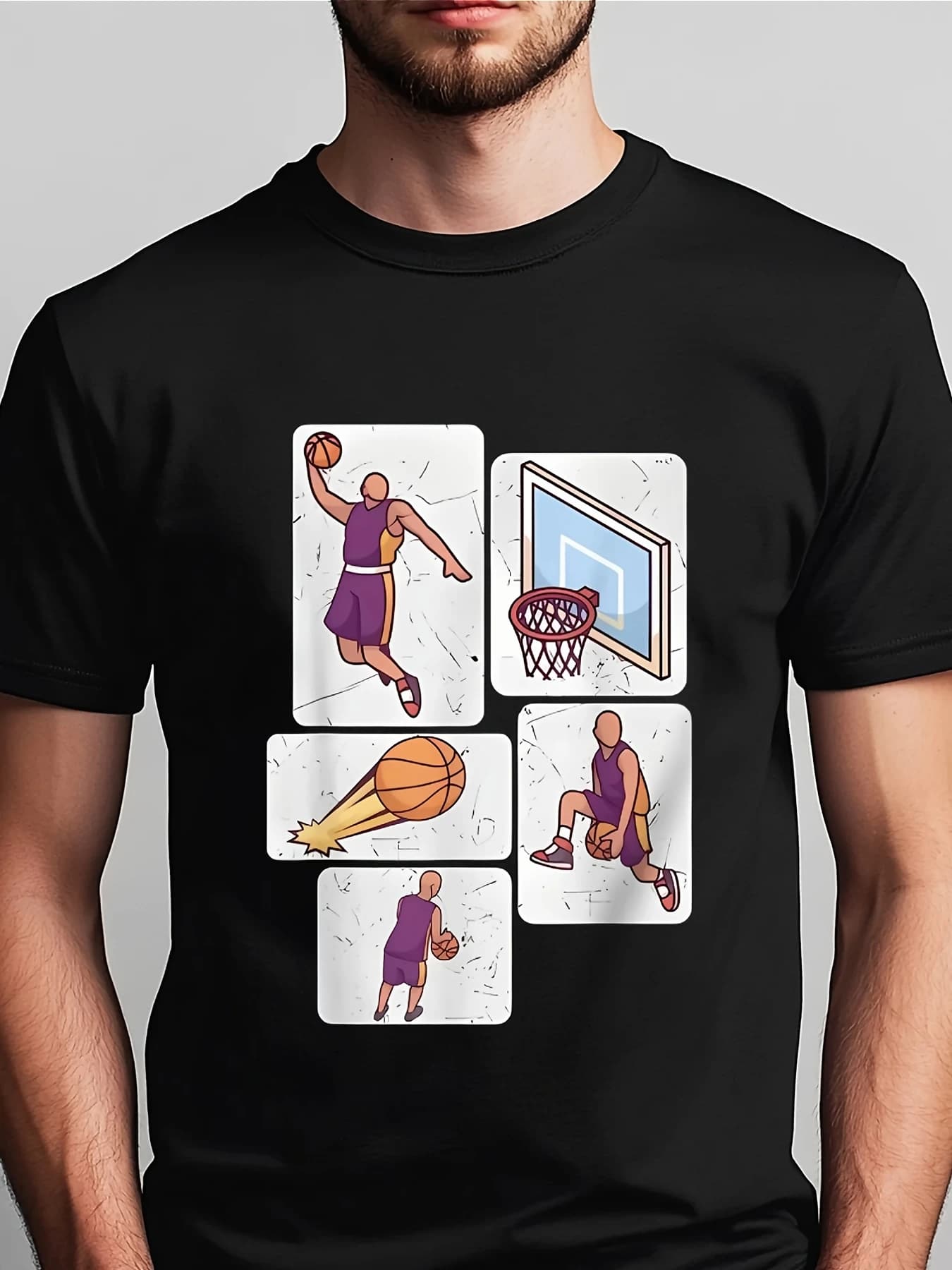 T-shirt da uomo in cotone a maniche corte stampata con stella da basket, sport nero