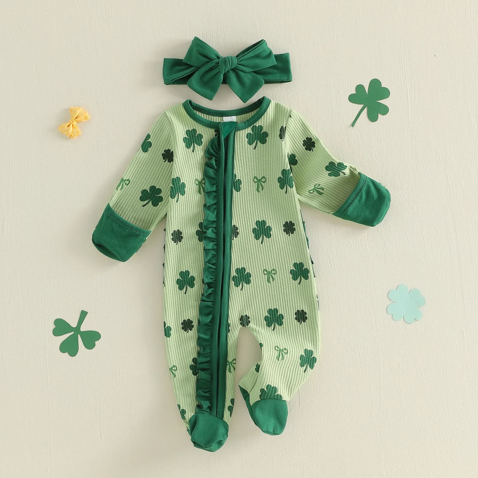 Set da 3 pezzi per bambina di San Patrizio, manica lunga, girocollo, stampa trifoglio, tuta con fascia per capelli e calzini