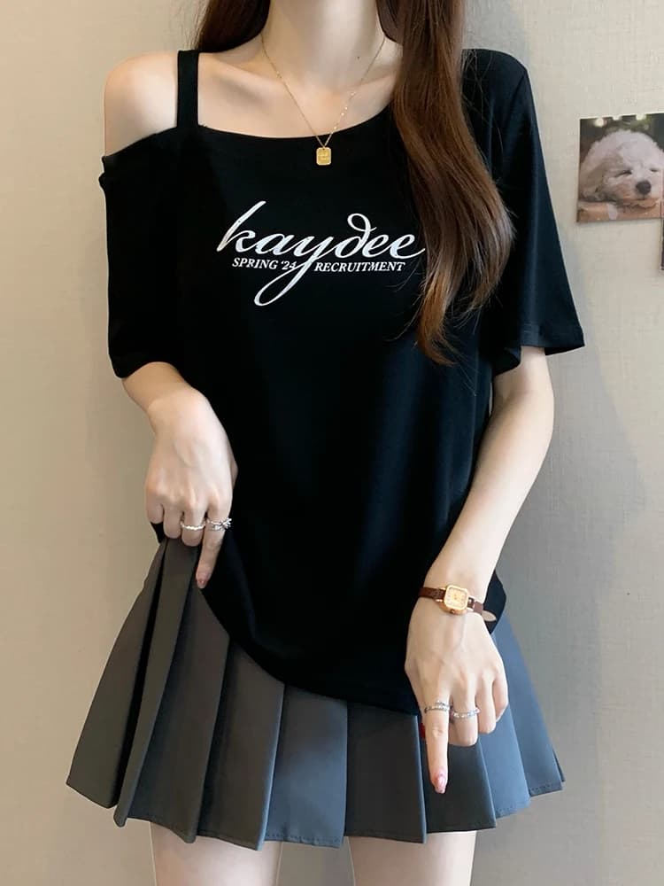 Fashionable Shoulder-baring Short Sleeve T-shirt Summer Loose Fit Ladies Casual Style Printed Base Shirt Top Asymmetrical Design