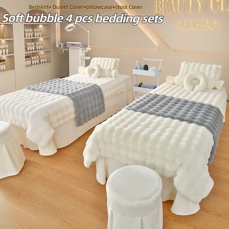 Set copri letto di bellezza, gonna da letto spa con massaggio a bolle morbide, copripiumino, federa, copri sgabello, set di biancheria da letto per salone di bellezza, 4 pezzi