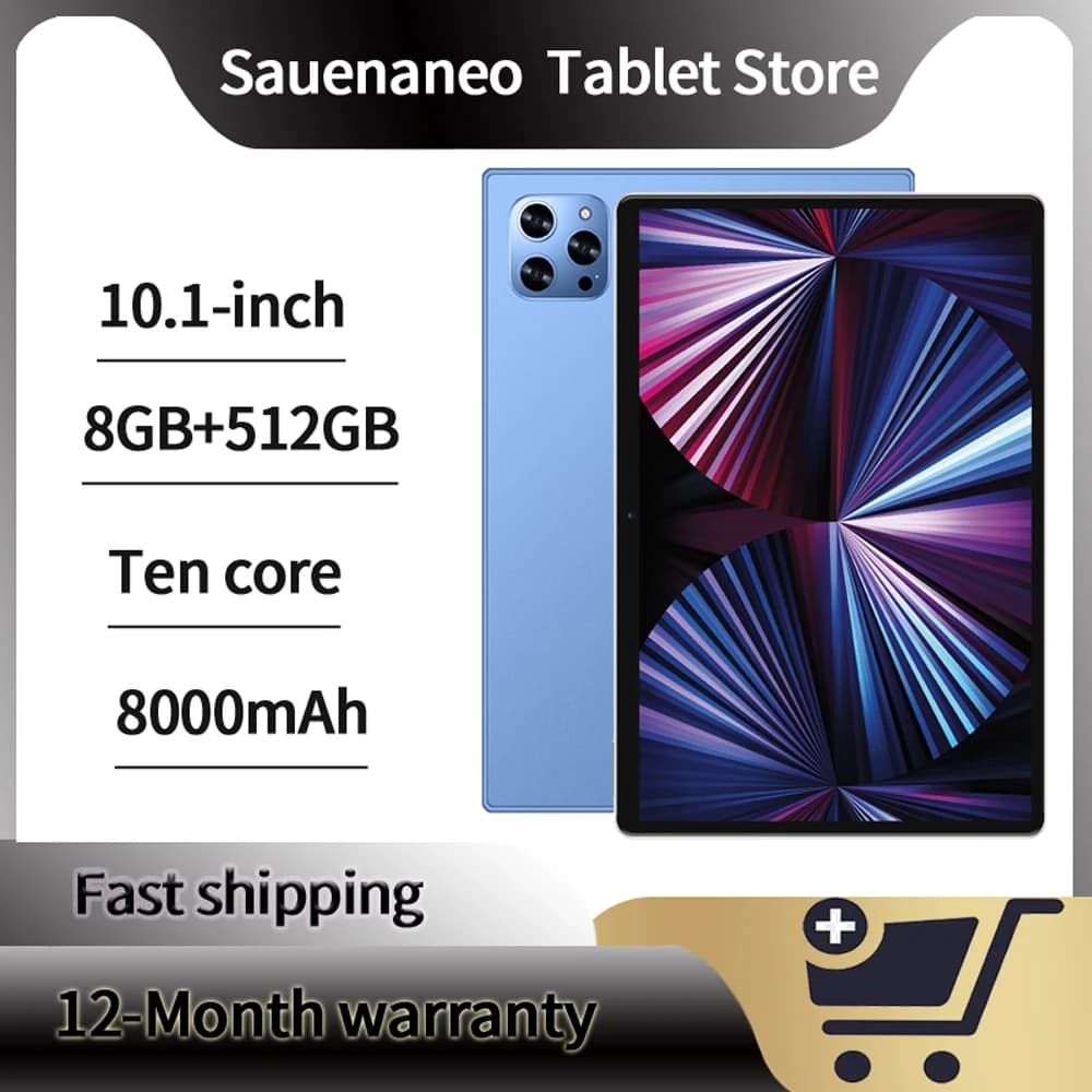 Nuovo 5G Pro Pad Tablet Android da 10.1 pollici Google Play 8 Core 8GB RAM 512GB ROM 1280*800 Display Dual SIM Dual WiFi 8000mAh