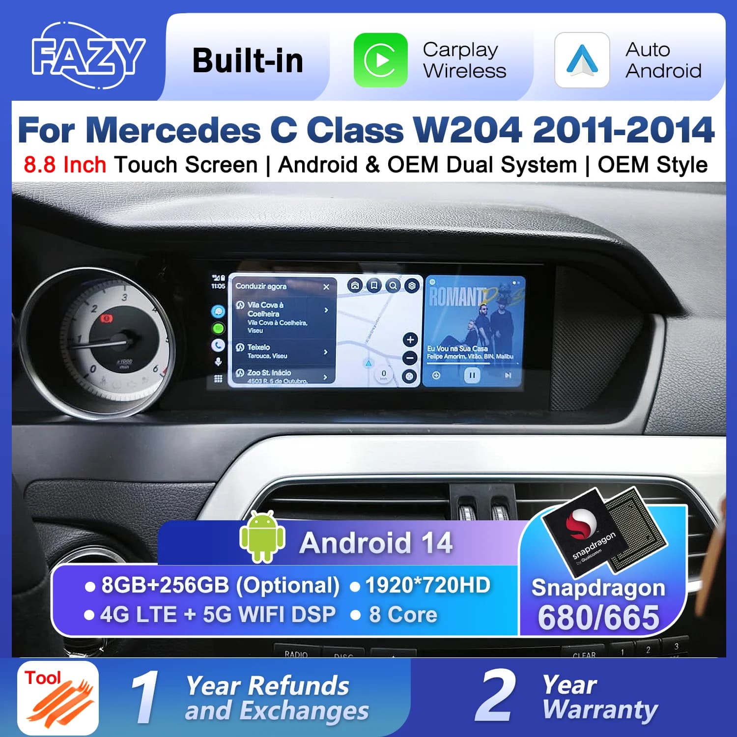 Schermo Touch da 8.8'' Android 14 con Carplay Wireless per Mercedes Classe C W204 S204 2011-2014, Lettore Stereo per Auto con GPS e Navigazione