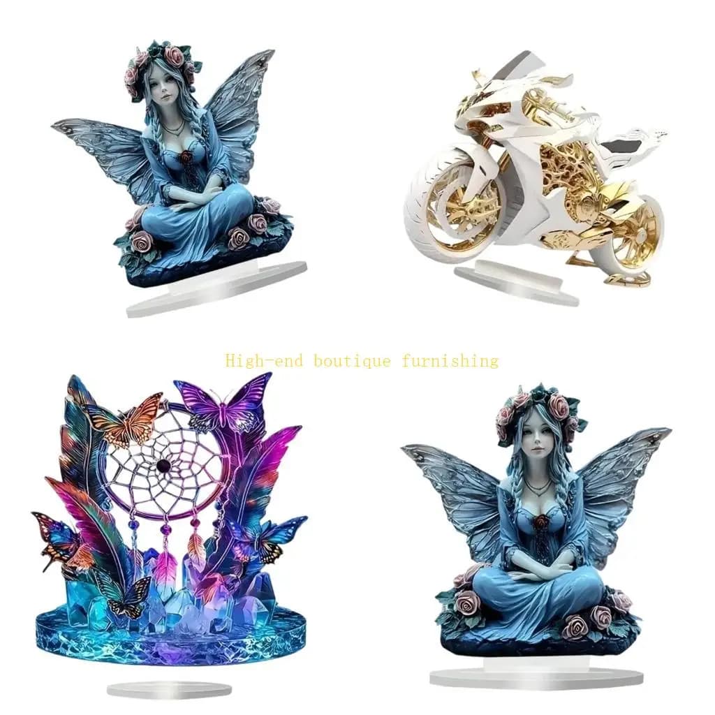 L9NB 2D Flat Acrylic Ornament Dreamcatchers/Golden Toads/Motorcycle Statue Desktop Decorations for Home Bedroom Office Decors