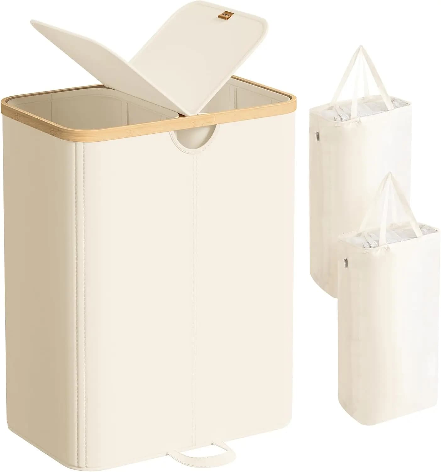 Laundry Hamper with Lids, Laundry Basket with 2 Compartments, 39 Gal. (150 L), Removable Liner Bag, for Laundry Room, Bedroom, Living Room, Cream White and Light Bamboo ULCB523W01