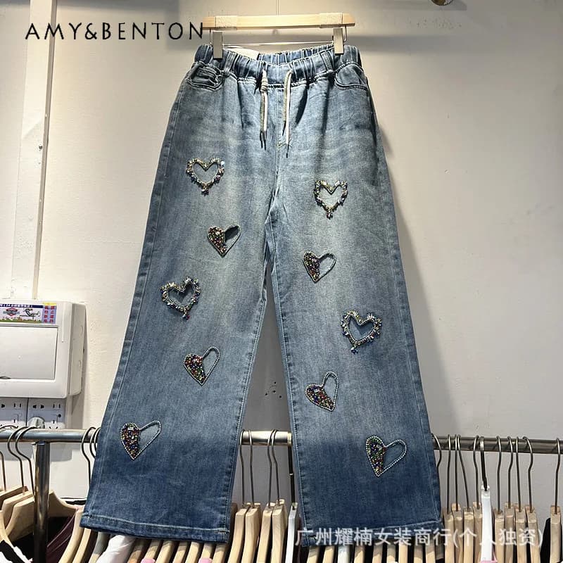 Jeans a Gamba Larga Stile Europeo con Cuore Traforato in Strass, Vita Elastica, Versatili e Trendy per Uso Quotidiano