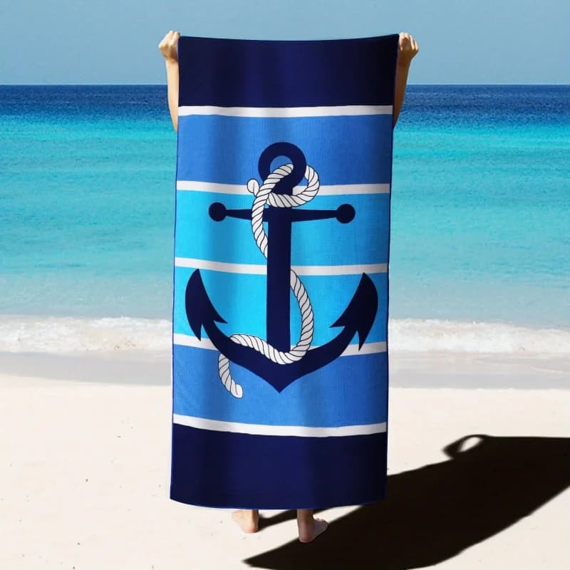 Blue White Stripe Anchor Nautical Beach Towel Marine Rope Print Quick Dry Bath Towel