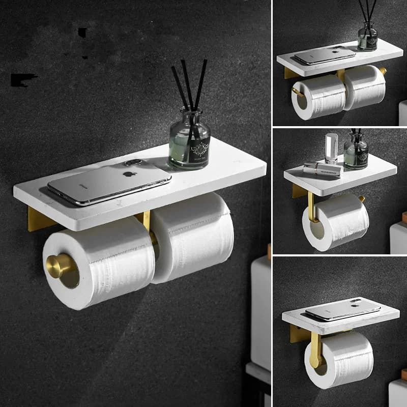 Portarotolo da bagno in marmo bianco con supporto per telefono Portarotolo di carta in oro spazzolato Portarotolo per carta igienica