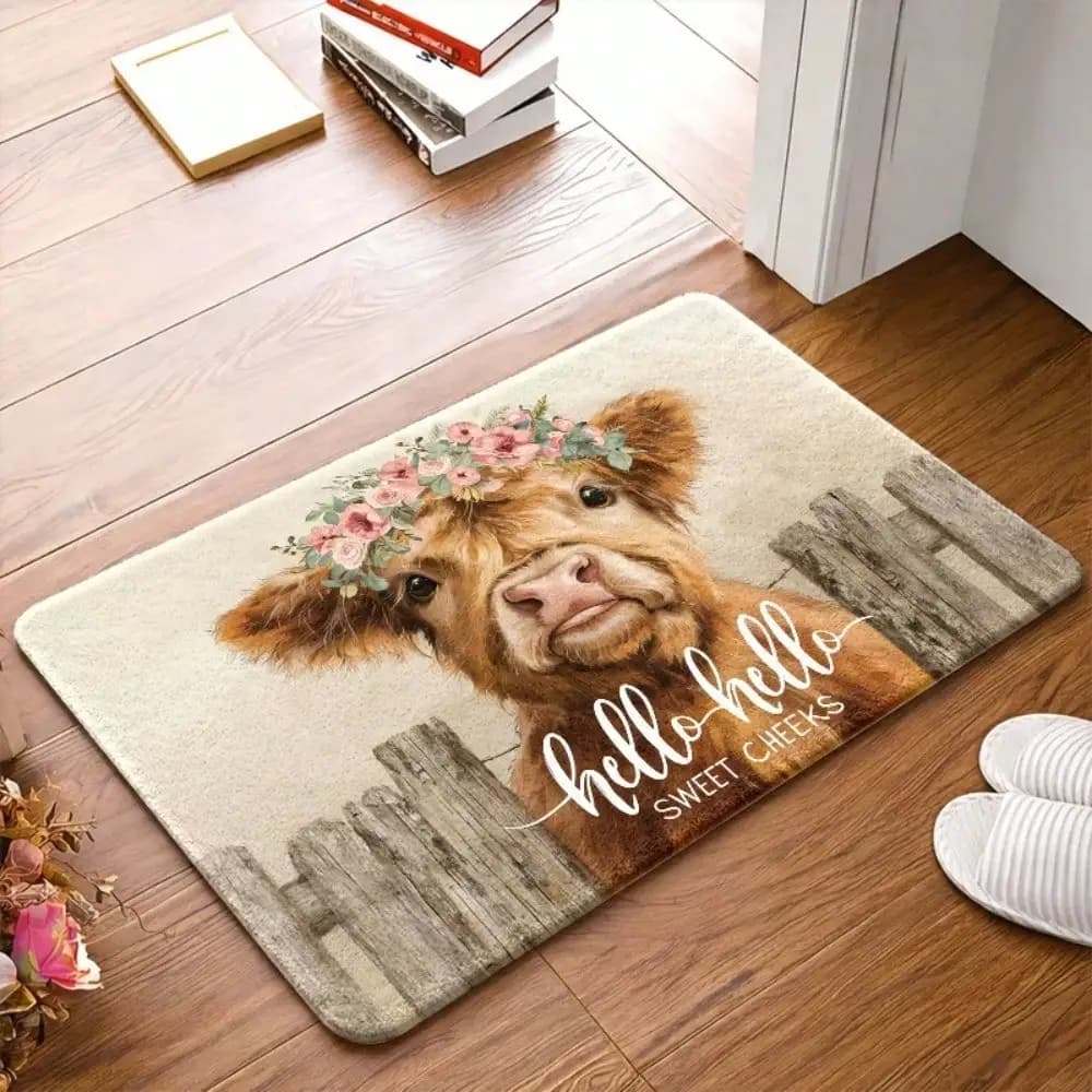 1 piece, cute felt carpet with highland cow and flower crown, written "Hello Sweet Cheeks", with anti-slip rubber back, durable.