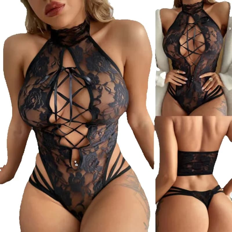 New Sexy Fashion Lace Lingerie Intimo Indumenti da notte Anello in acciaio Pigiama Giarrettiera Body Plus Size Babydoll erotico Abito Reggiseno a V profondo