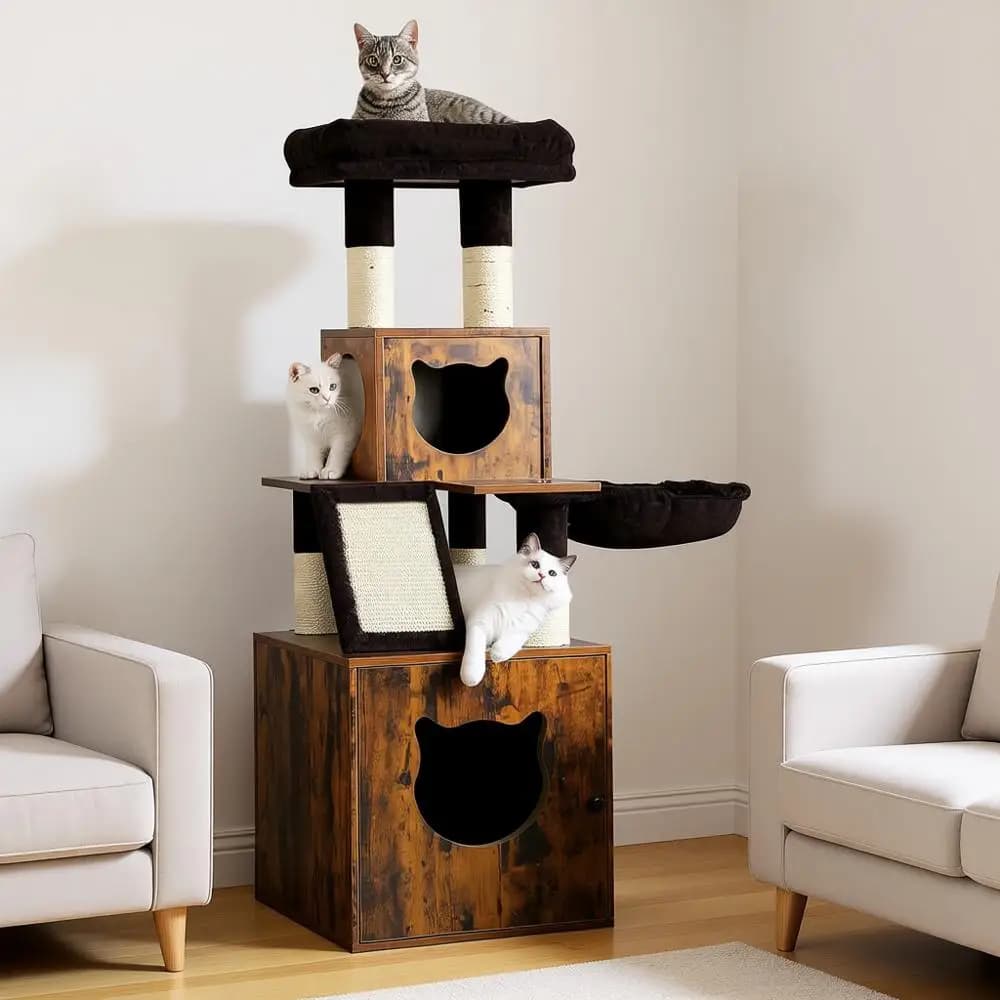 Tiragraffi per Gatti con Lettiera Integrata, Mobile con Lettiera Nascosta, Palo Tiragraffi in Sisal, Casetta per Gatti in Legno con Cesto, Marrone