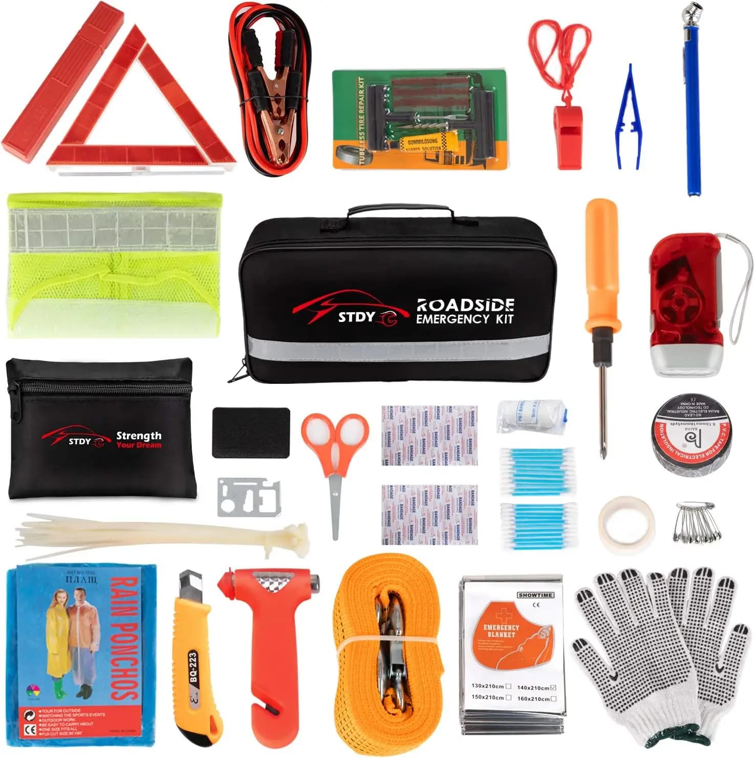 Kit completo di emergenza per auto con cavi jumper, pronto soccorso, corda da traino, triangolo riflettente e misuratore di pneumatici per la sicurezza stradale