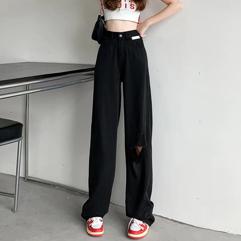 Women's black silk denim jeans, wide leg, high waist, draped, strong sizes, wide fit, straight leg, fashionable, torn