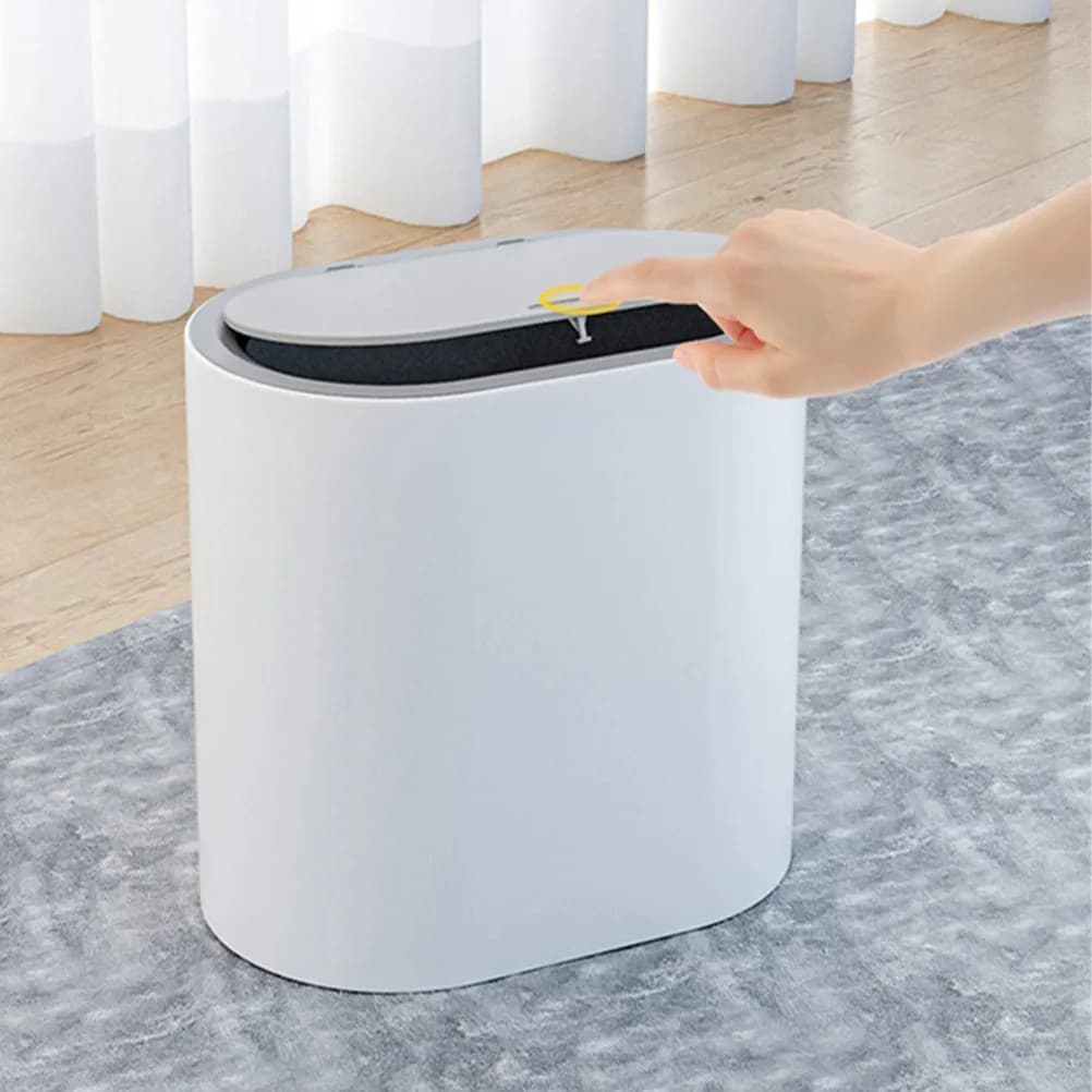 Sturdy Thickened PP Press Top Trash Can with Lid Slim Design Household Waste Basket for Bathroom Bedroom Kitchen Office Portable