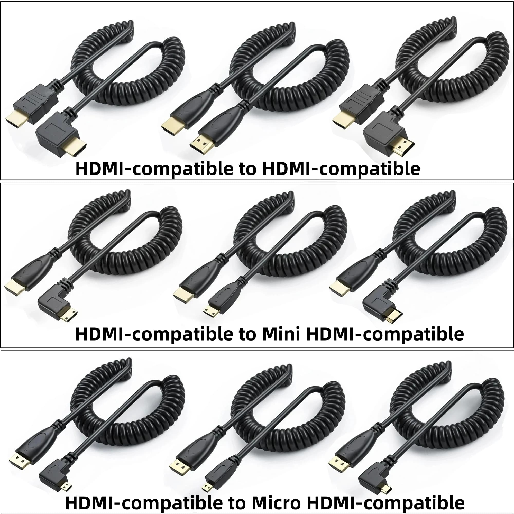 Left/Right Angled Mini/Micro HDMI-compatible Cable 1080P HDMI-compatible 1.4 Spring Curl for Nikon/Canon DSLR Camcorder Monitor​