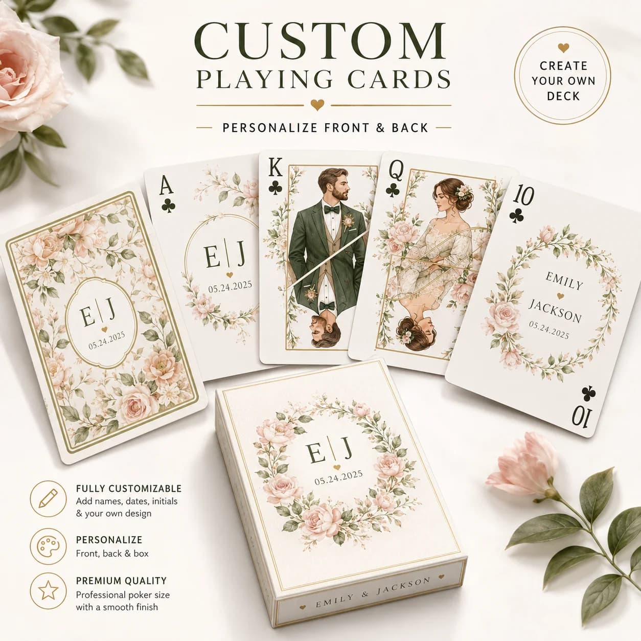 Custom Poker Playing Cards Personalized Photo Name Date Deck with Square Corners Gift Box for Wedding Party Family Game Night