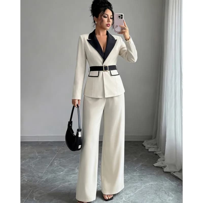 Women's Autumn Winter Two-Piece Set Elegant Color Blocking Long Sleeeve Blazer Coat Wide Leg Pants Set With Belt