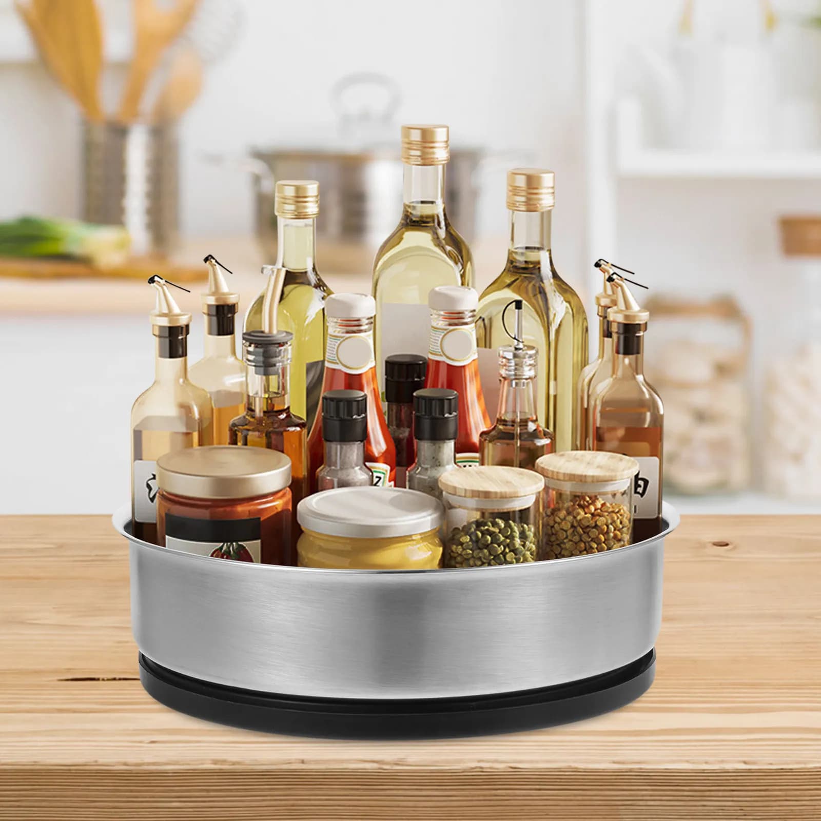 Premium Stainless Steel Rotating Organizer Tray Multi Functional Kitchen Spice Rack Condiment Holder Bathroom Desktop