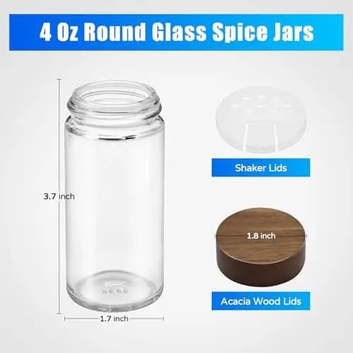 Set di 30 Barattoli per Spezie VIBRATITE da 4 oz con Coperchi in Acacia ed Etichette - Contenitori in Vetro per Condimenti con Coperchi Dosatori