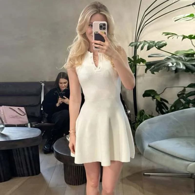 Talenza White Knitted Mini Dress Fashion Lapel Single Breasted Slim Sleeveless A-line Dress Summer Casual Office Women's Dress