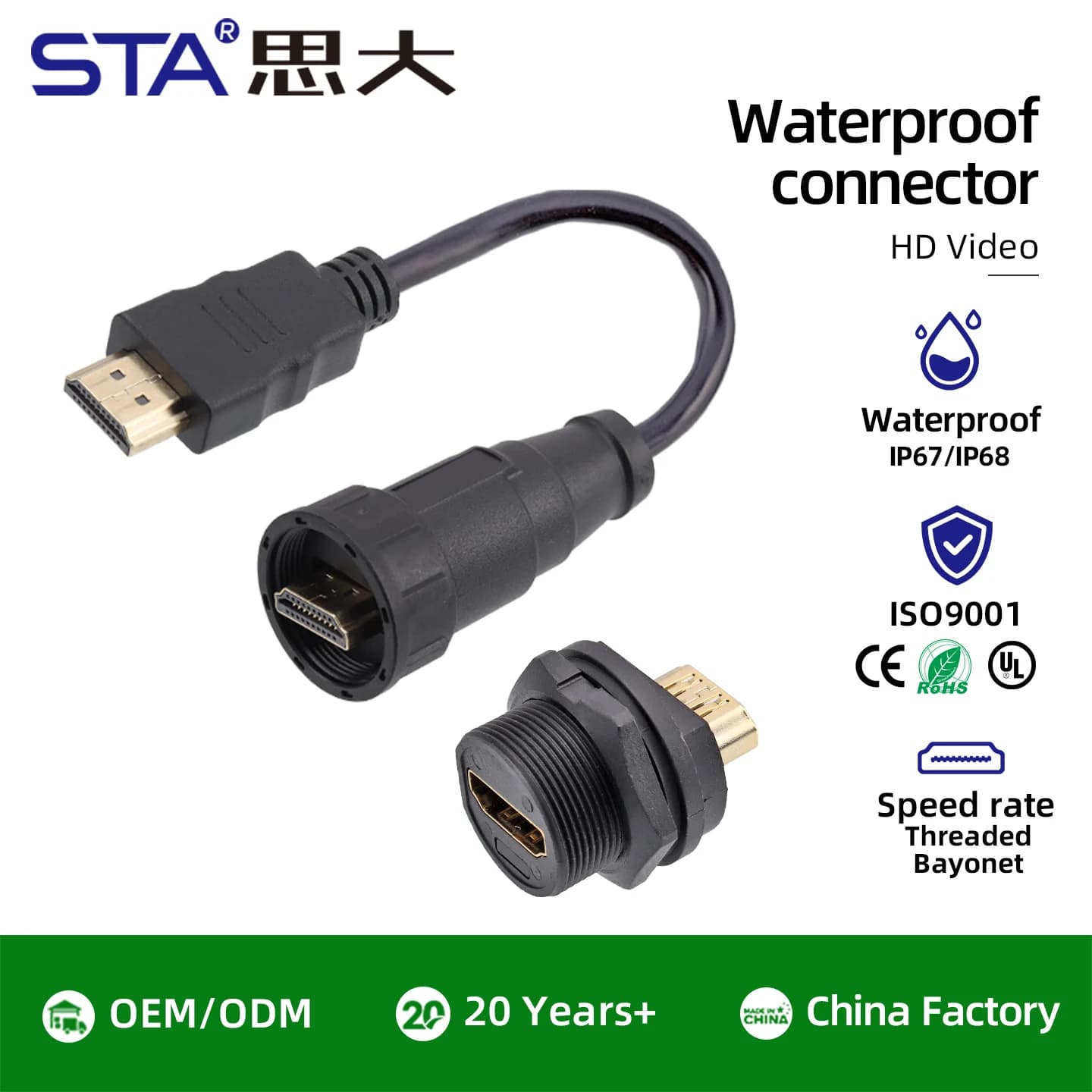 13/16-28UNS Screw Hd Video Screen Digital Interface Cable Waterproof Connector Female to Male Panel Mount PCB Socket Adapator
