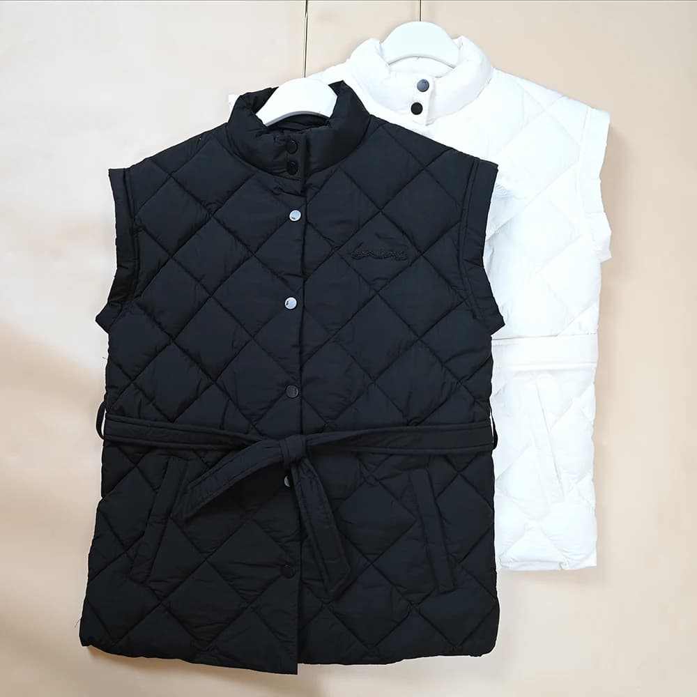 Nuovo Gilet Invernale da Donna Imbottito con Motivo a Rombi, Collo Alto, Cintura, Caldo, in Cotone, Serie US