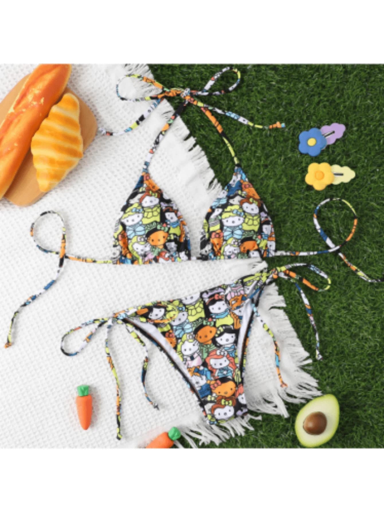 Set bikini con stampa gatto cartone animato, 2 pezzi/set, costume da bagno da donna con laccetti laterali, costume da bagno estivo con stampa gatto Kawaii per l'estate