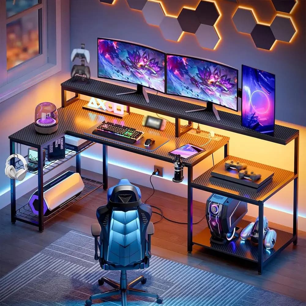 LED Gaming Desk with Power Outlets, 71 inch L Shaped Computer Desk with Monitor Stand, Large Desk with Printer Stand Adjustable