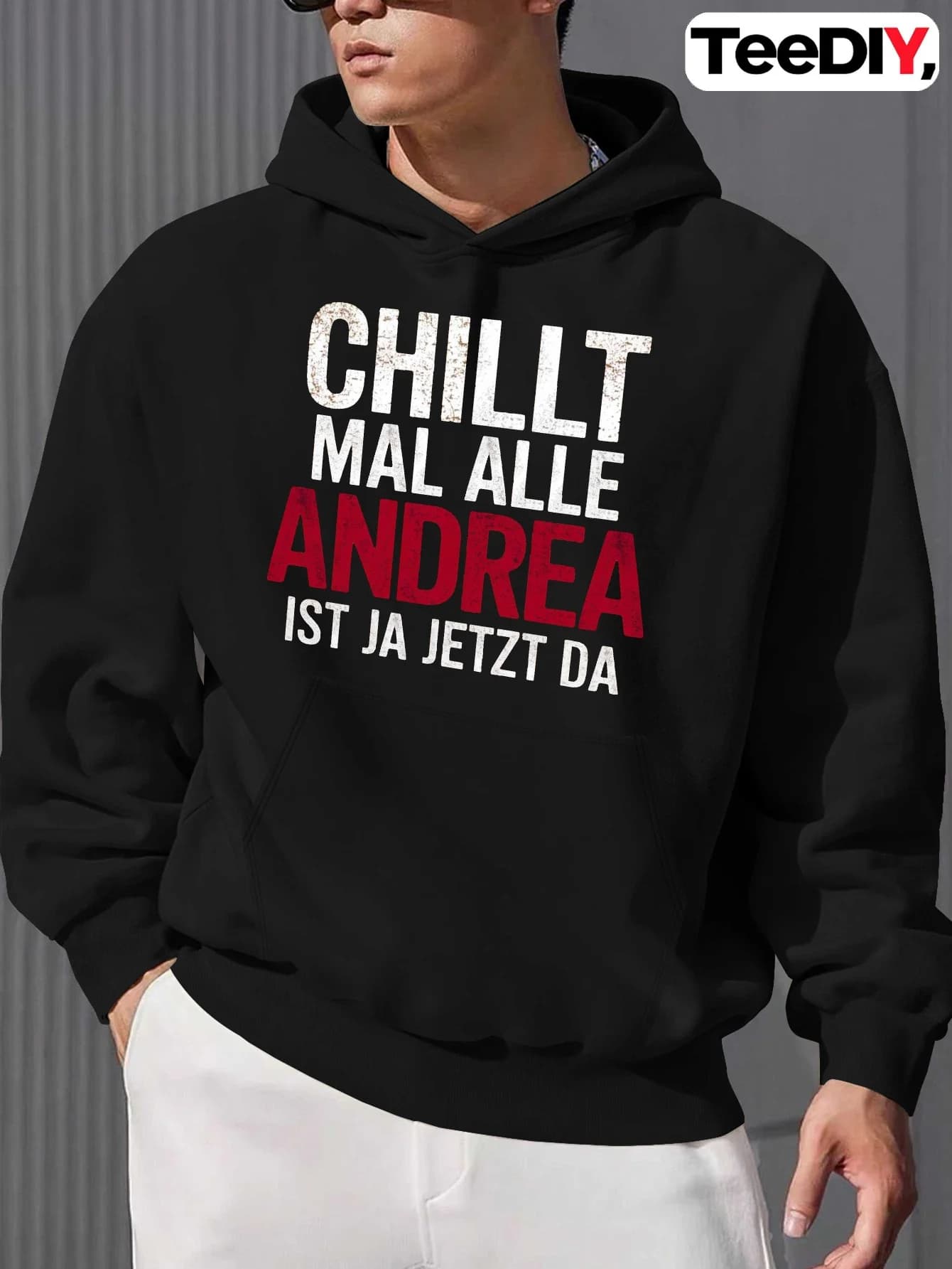 Felpa con cappuccio da uomo con stampa tedesca: maglione, caratterizzata da "MAHL ALLE ANDREA" e stampa di frasi tedeschi, un pullover casual