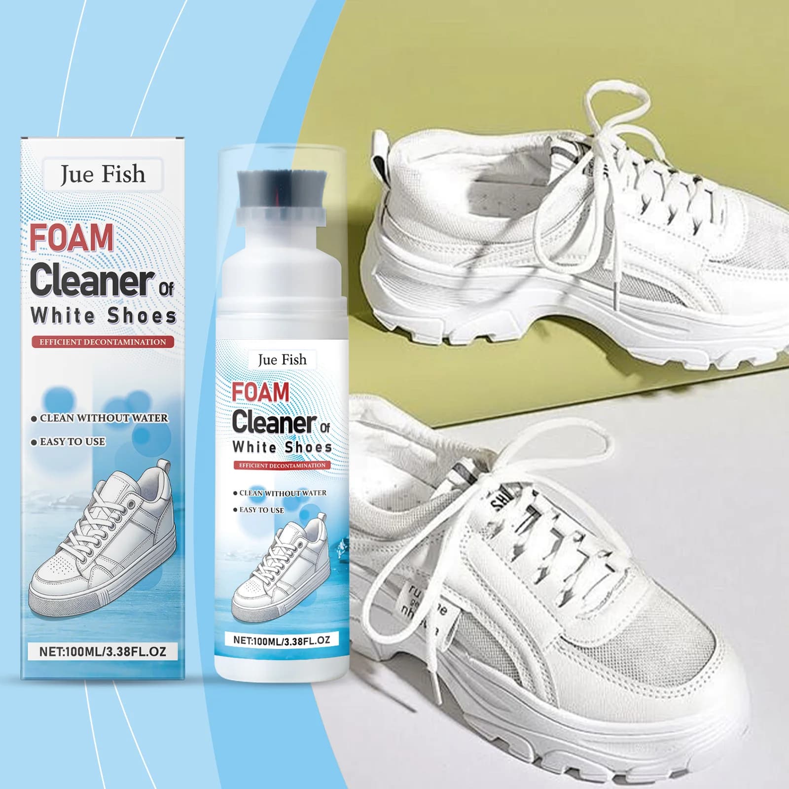 Jue Fish Detergente in schiuma per scarpe bianche da 100 ml Potente detergente multifunzione con testina per una pulizia profonda e illuminazione