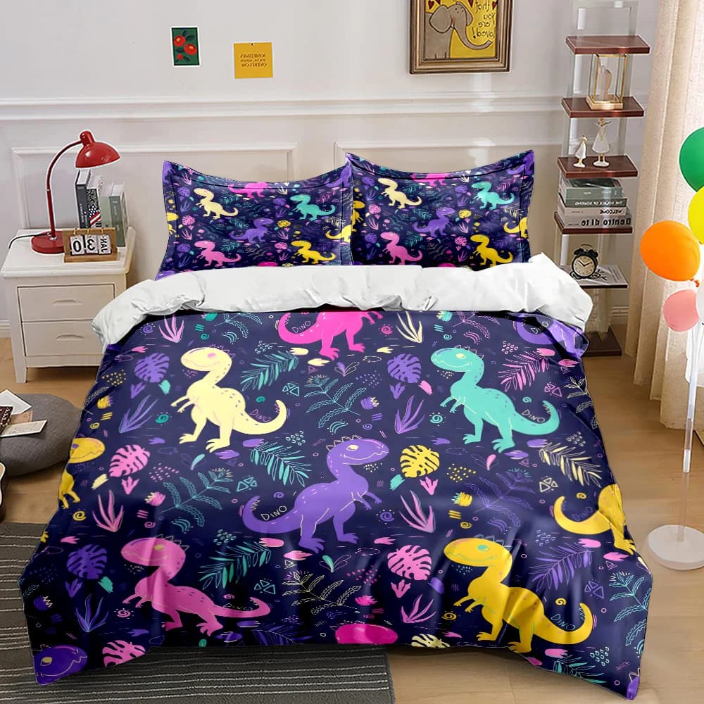 Set di biancheria da letto con stampa di dinosauri colorati di diverse dimensioni, 1 copripiumino, 2 federe per adulti e bambini, regalo di lusso, misura completa