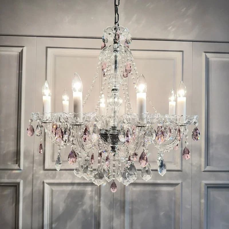 Lampadari a candela francesi romantici rosa Crysatl Lampadari in vetro di lusso Soggiorno Art Decor E14 Lampade a sospensione Illuminazione Lampade da camera da letto