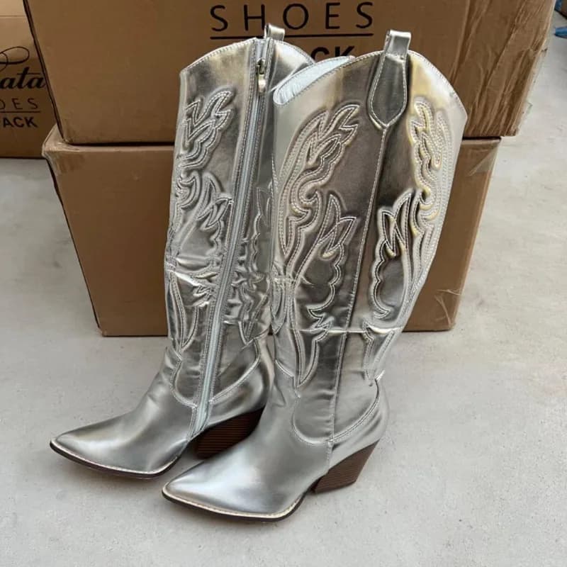 Stivali alti al ginocchio da donna con tacco alto ricamato alla moda Tacco quadrato Stivali etnici con cerniera laterale con punta a punta Scarpe casual eleganti da donna