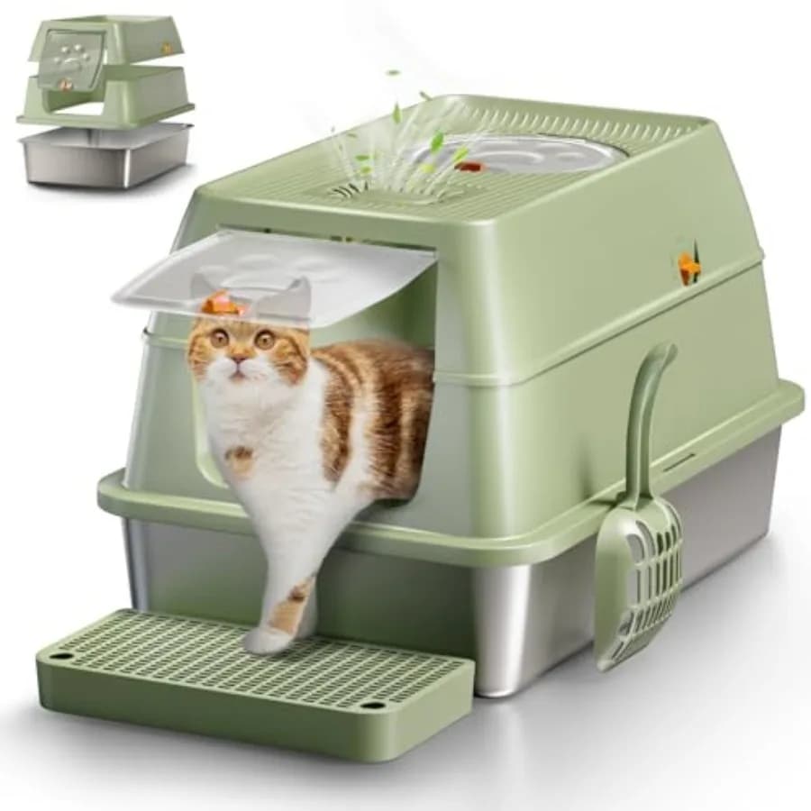 Stainless Steel Cat Litter Box with Lid, XL Large Enclosed High Sided Litter Box with Removable Lid, Carbon Filters -Odor Free,