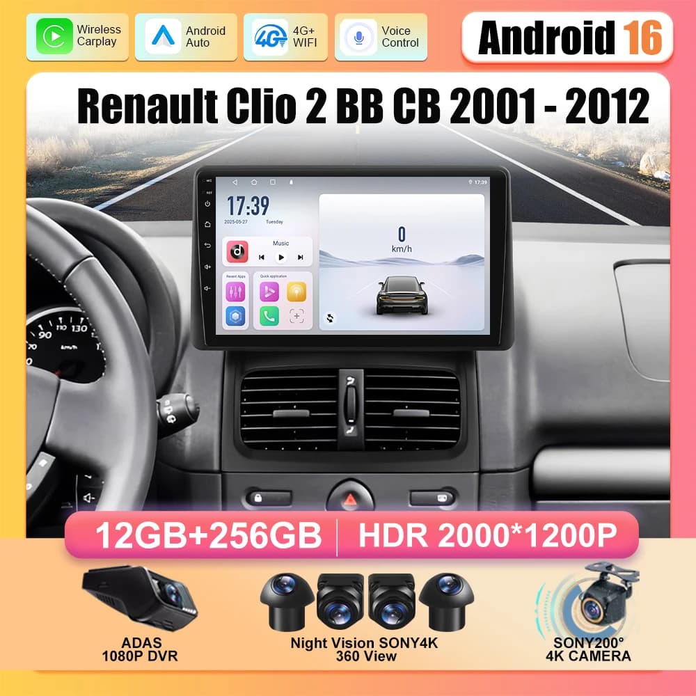 Autoradio Per Renault Clio 2 BB CB 2001 - 2012 Stereo Multimedia Video Player Wireless Carplay Navigazione GPS Android Auto