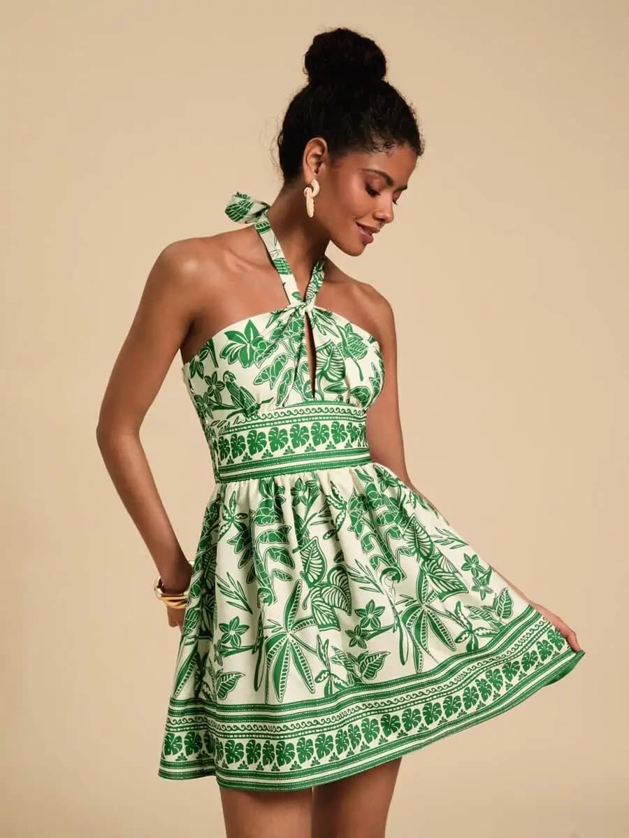 Womens Halter Neck Tropical Plant Print Mini Dress Bohemian Beach Style Summer Casual