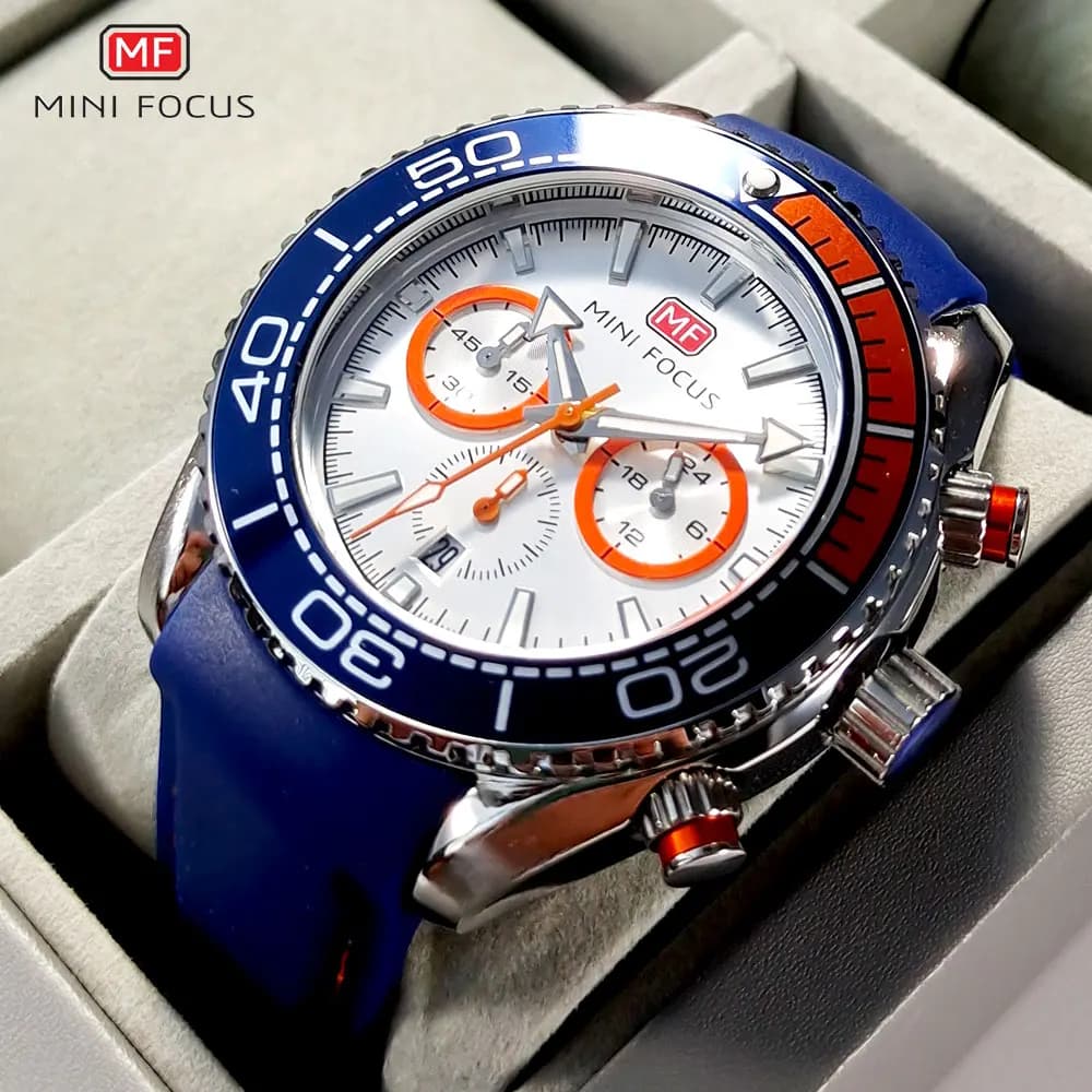 MINI FOCUS Quartz Chronograph Men's Watch Fashionable Sports Wrist Watch with Automatic Date Display 24 Hours Blue Silicone Strap 0426
