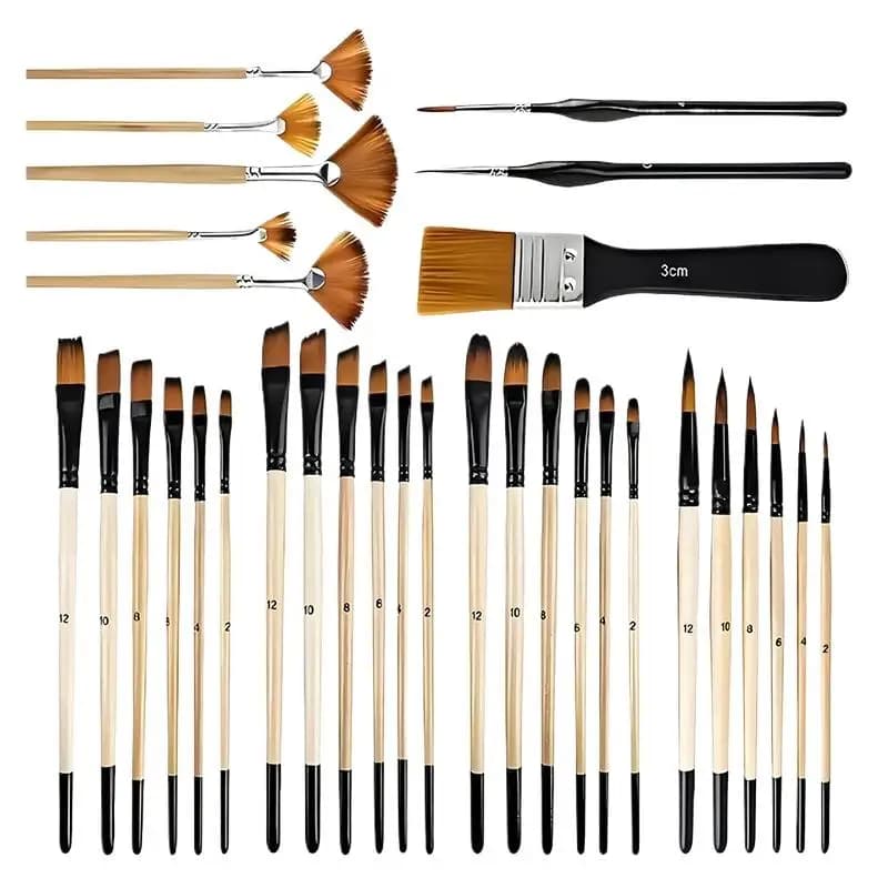 32Pcs Paint Brushes Set,Pro Nylon Art Brushes for Acrylic,Watercolor,Oil,Gouache,with Fan,Flat,Round,Filbert,Detailing Brushes