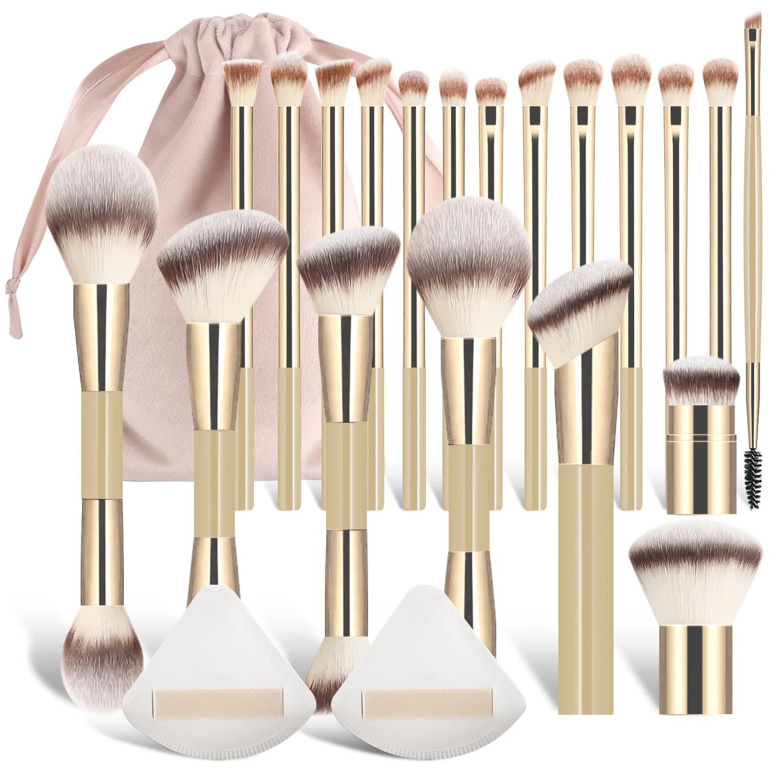 20Pcs Gold Double‑ended Makeup Brush Set With Triangle Powder Puff, Soft Brushes For Blush Eyeshadow, Drawstring Storage Bag