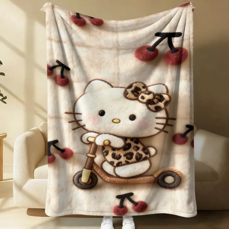 Coperta in flanella vintage Cherry Hello Kitty, morbida e calda, in peluche, per divano, letto, ufficio, riposo, campeggio, viaggio, coperta multifunzionale