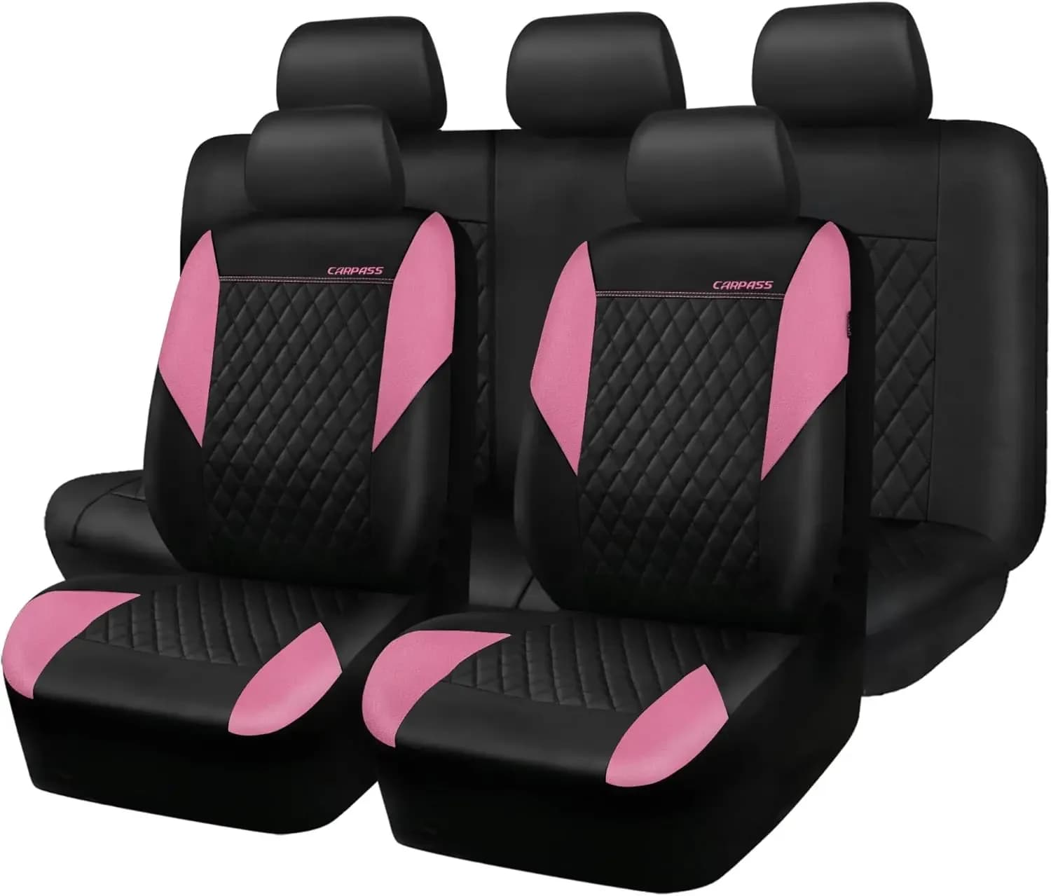 Coprisedili Auto in Pelle Rosa, Trapuntatura Femminile, Compatibili con Airbag, Adattamento Universale per Berlina SUV Furgoni (Set Completo)