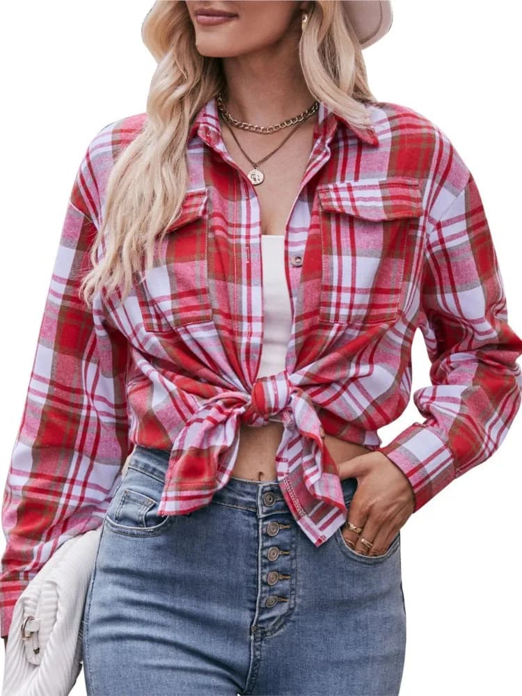 Nuova moda autunno inverno donna monopetto stampato Plaid cintura tasca Casual confortevole risvolto camicia a maniche lunghe