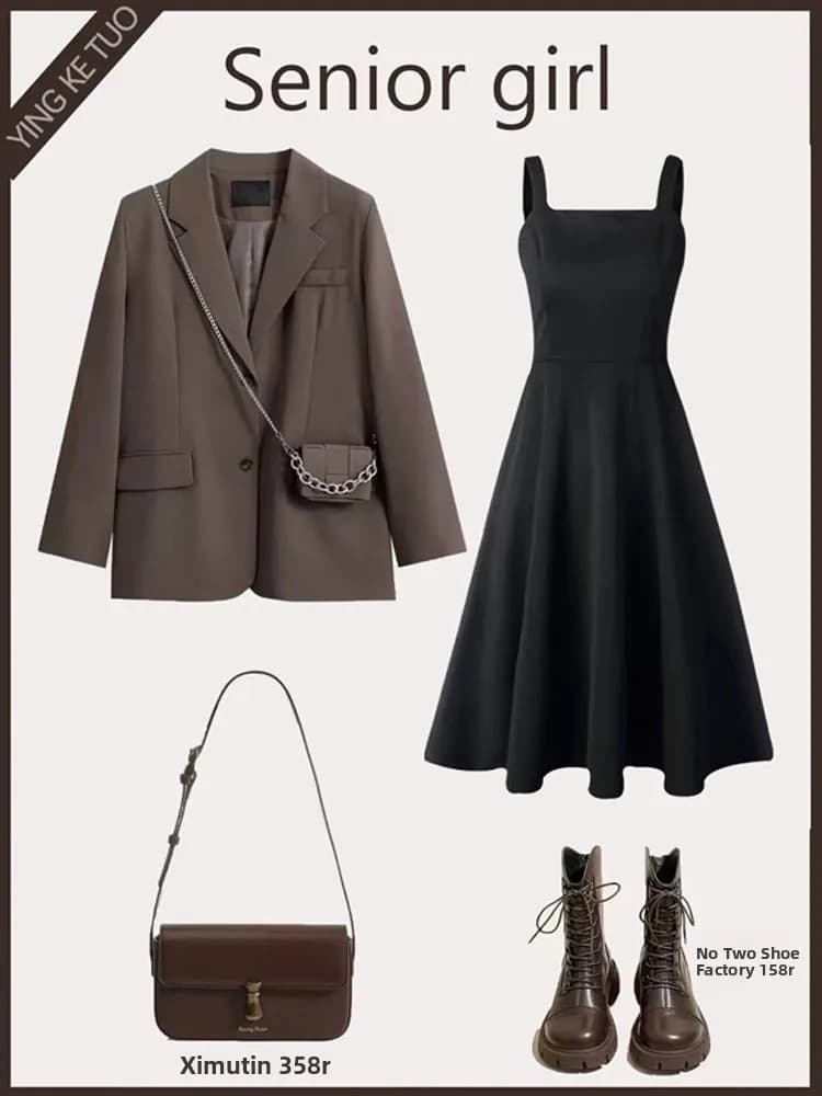 Completo tailleur due pezzi da donna professionale, nuovo stile, con giacca slim e vestito a vita alta, versione coreana