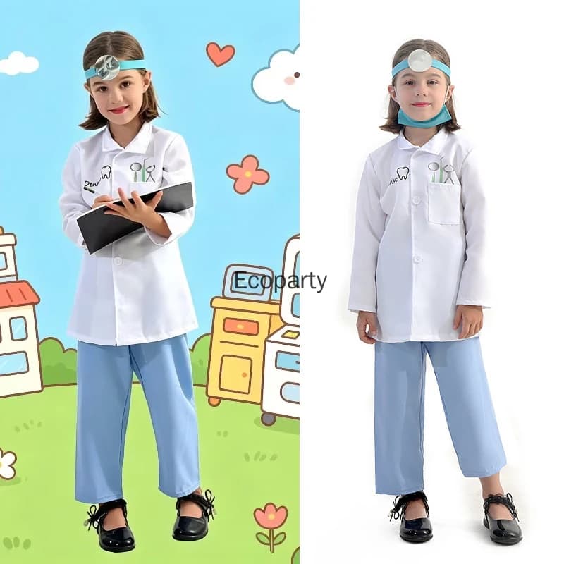 Kids Dentist Cosplay Costume for Boy Girls Halloween Doctor White Coat Headlamp Mask Children Halloween Carnival Party Outfits