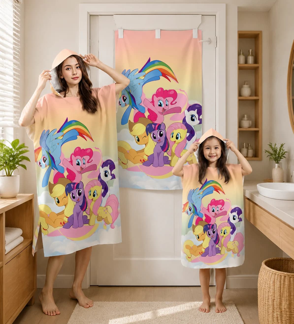 My Little P-Pony Parent-Child Hooded Bath Poncho, Rainbow Pony Cloud Microfiber Quick Dry Beach Towel Robe for Kids Adults Swim
