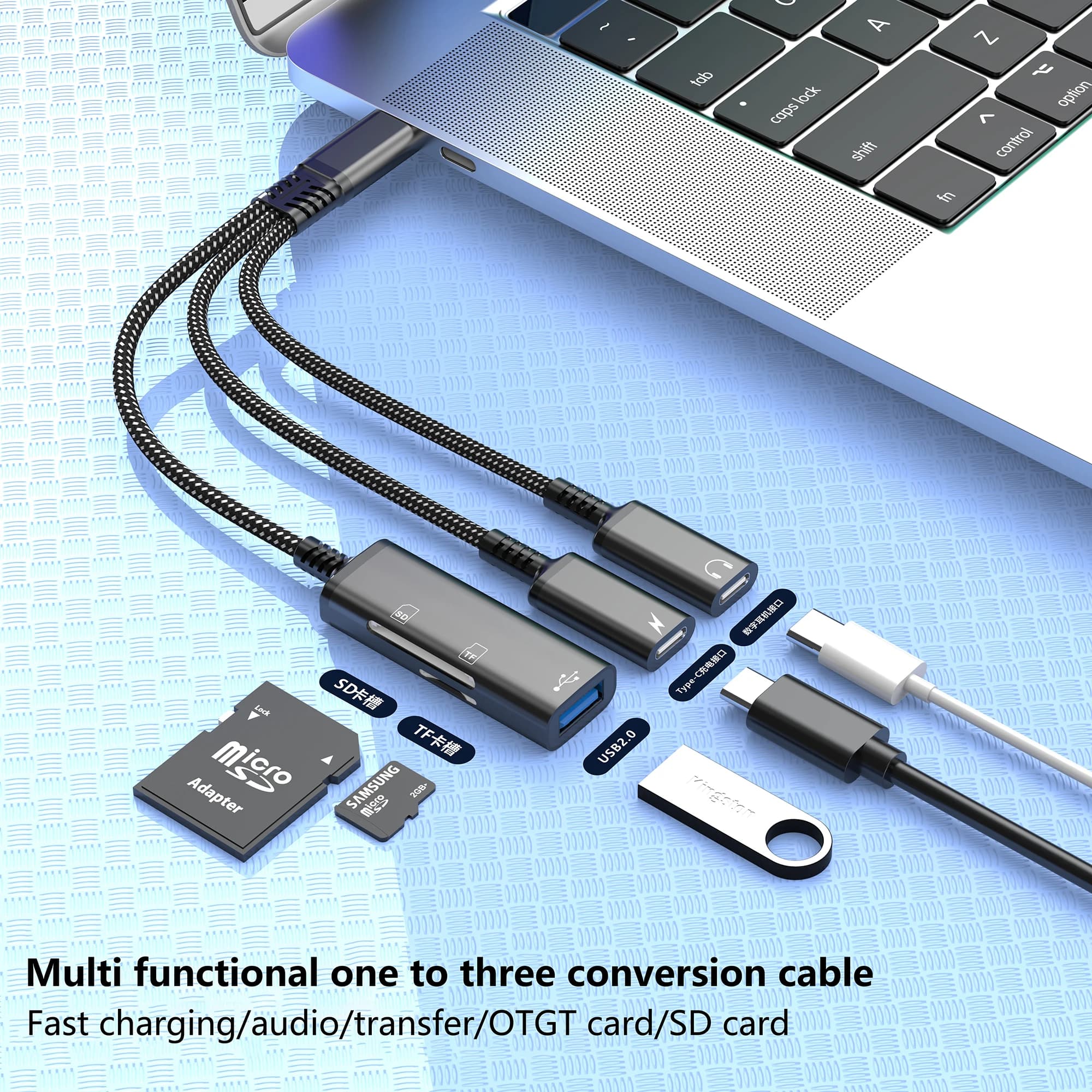 Cavo adattatore multifunzionale da tipo C a doppio tipo C/USB Ricarica rapida Trasferimento audio Supporto scheda OTG/SD per l'elettronica