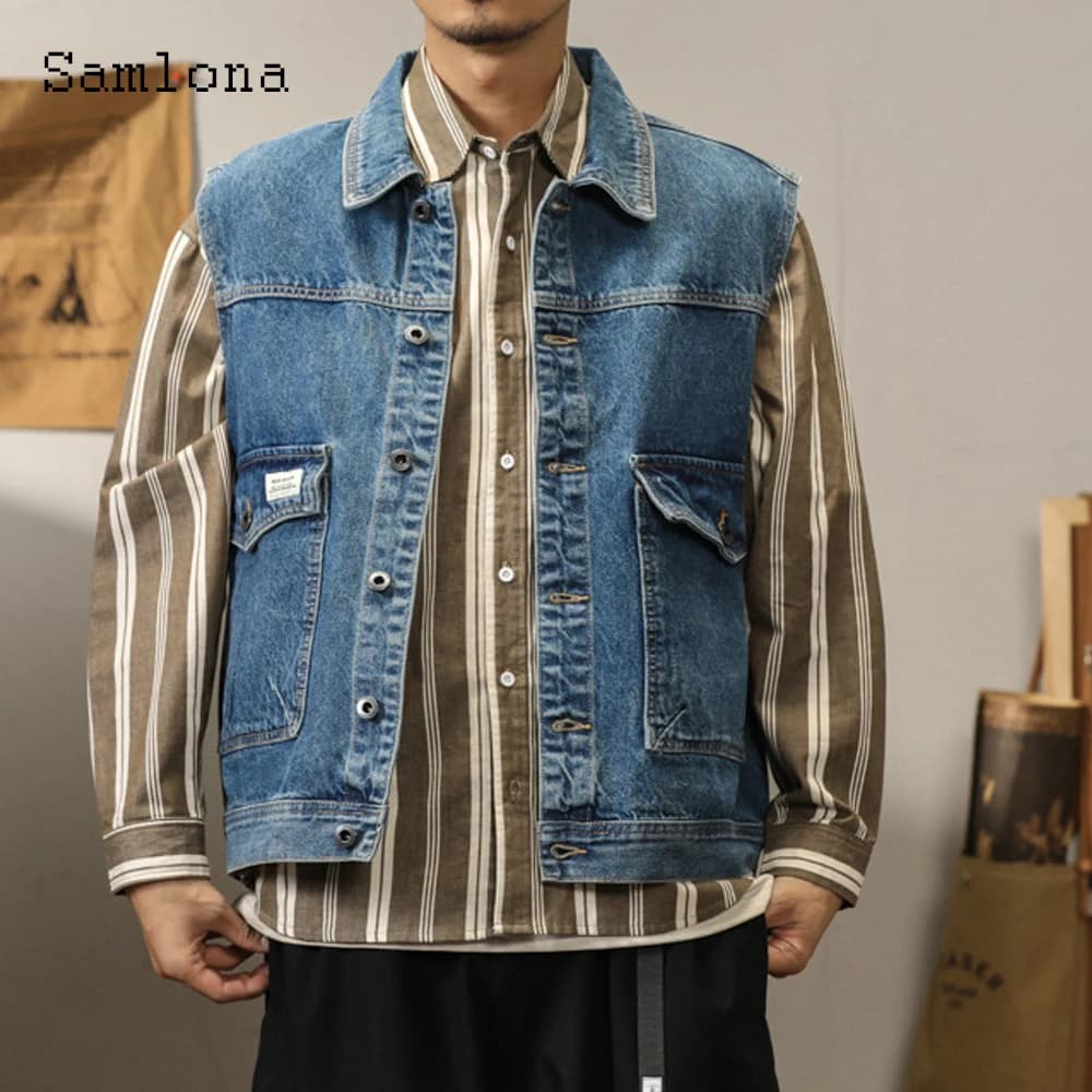 2025 Autunno Moda Senza maniche Gilet di jeans con intaglio Giacche Plus Size Uomo Basic Denim Top Vintage Stand Pocket Jean Capispalla Nuovo