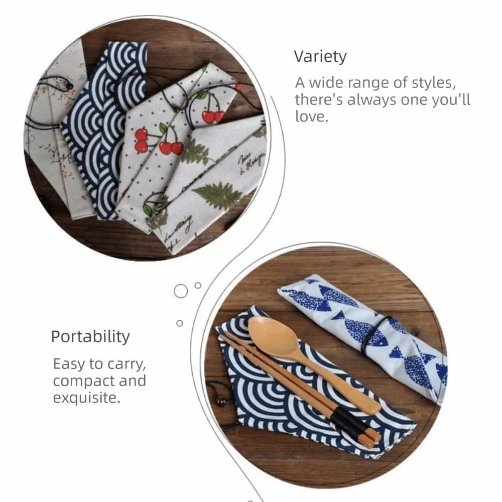 Reusable Cotton Linen Cutlery Pouch Japanese Style Roll-Up Design Utensil Holder Portable Cutlery Case Travel Utensil Storage