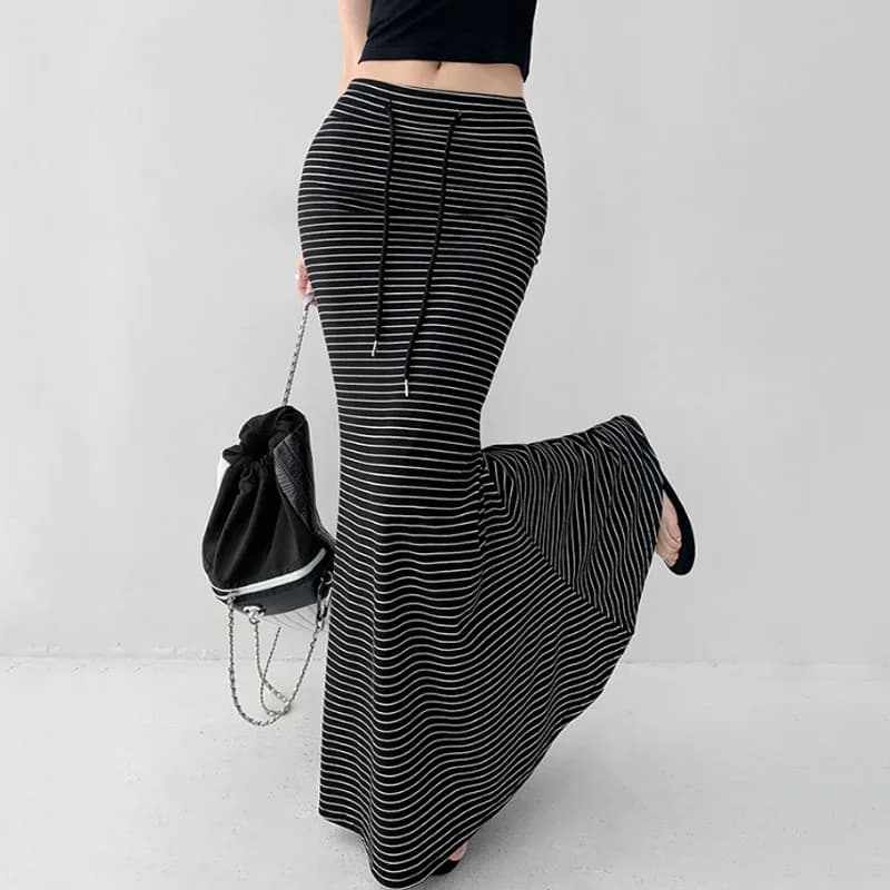 Gonne lunghe a righe nere Gonna maxi da donna Estate sexy femminile a vita alta aderente Gonne a tromba Donna Mujer Faldas
