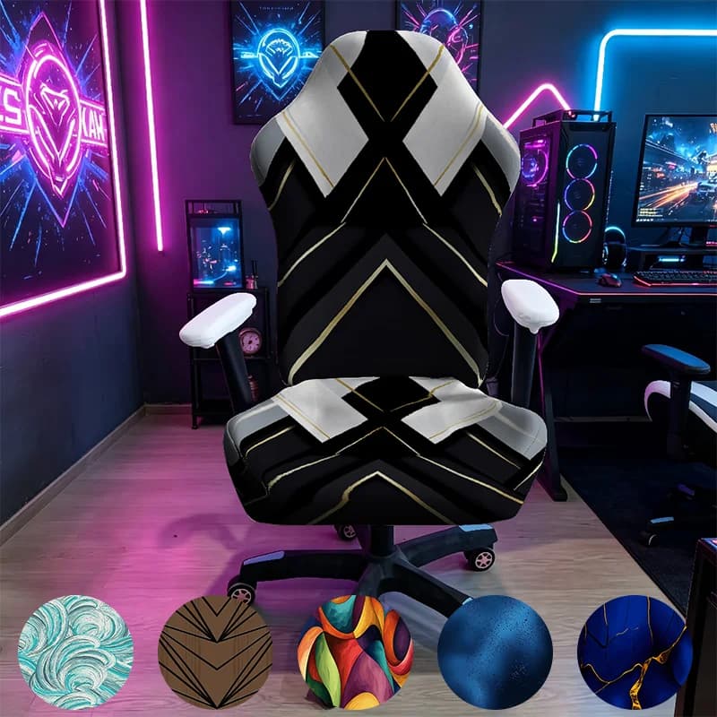Black Gold Geometric Gaming Chair Cover, Stretch Elastic Anti-Scratch Slipcover for Gamer & Office Chair